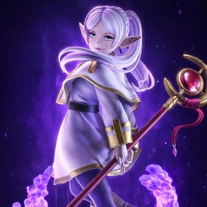Pode incluir: Figura de fantasia de uma elfa com cabelo branco, vestindo uma roupa branca e dourada, segurando uma bengala com uma gema vermelha. A figura está sobre uma base roxa brilhante com um fundo roxo escuro.