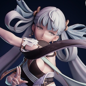 May include: A detailed figurine of a character with light blue hair styled in pigtails. The figure wears a black and white outfit with gold accents and a flowing scarf. The character has a determined expression.