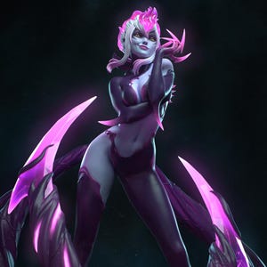 Puede incluir: Imagen de arte digital de un personaje de fantasía con piel pálida, cabello blanco con reflejos rosados y ojos amarillos. El personaje viste un body morado oscuro con detalles morados brillantes y estructuras en forma de alas.