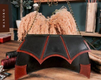 Mabral – Handmade Gothic Leather Bat Bag – Black Red Clutch and Chain Shoulder Bag – Manoro