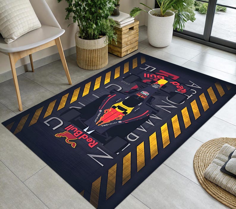 F1 Racing Car Pitstop Rug, Yellow Hazard Stripe Sports Carpet, Gaming ...
