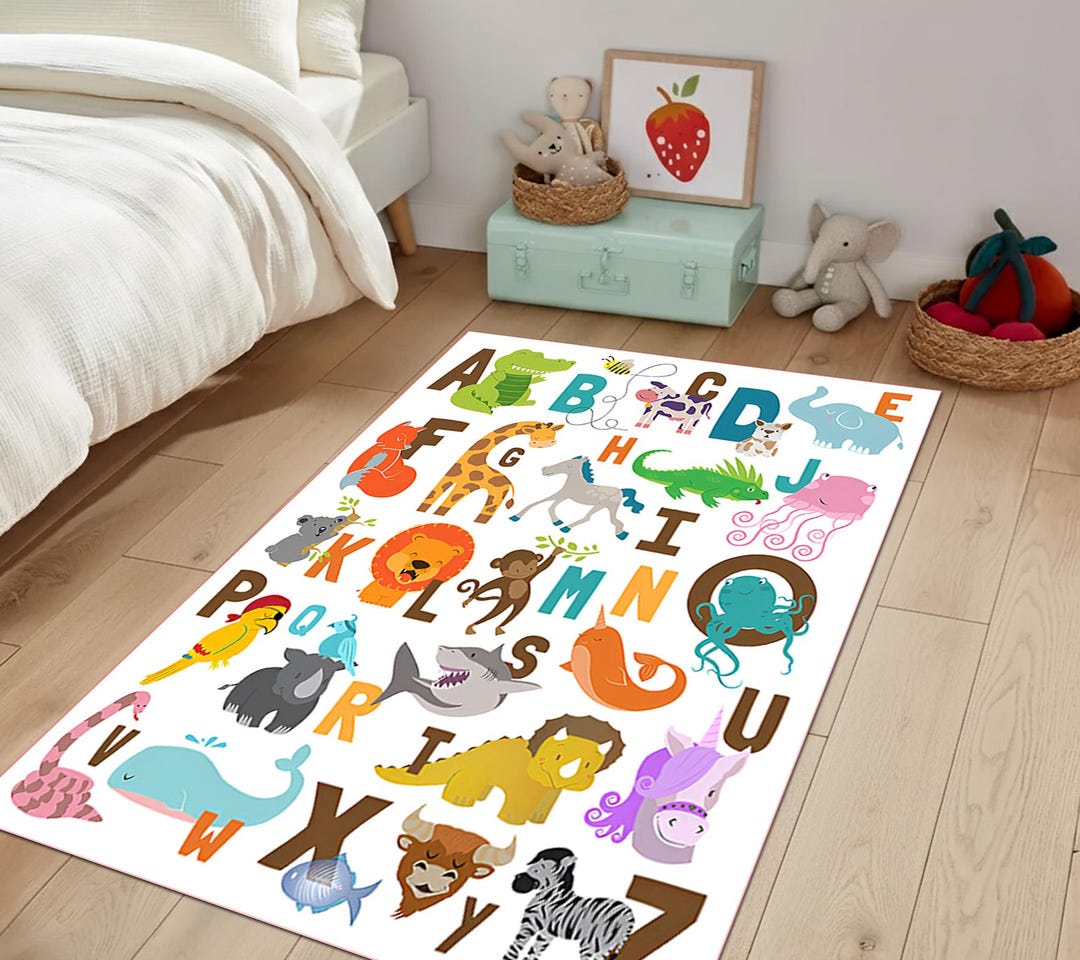 Animals Alphabet Area Rug, Kids Learning Floor Mat, Colorful Nursery ...