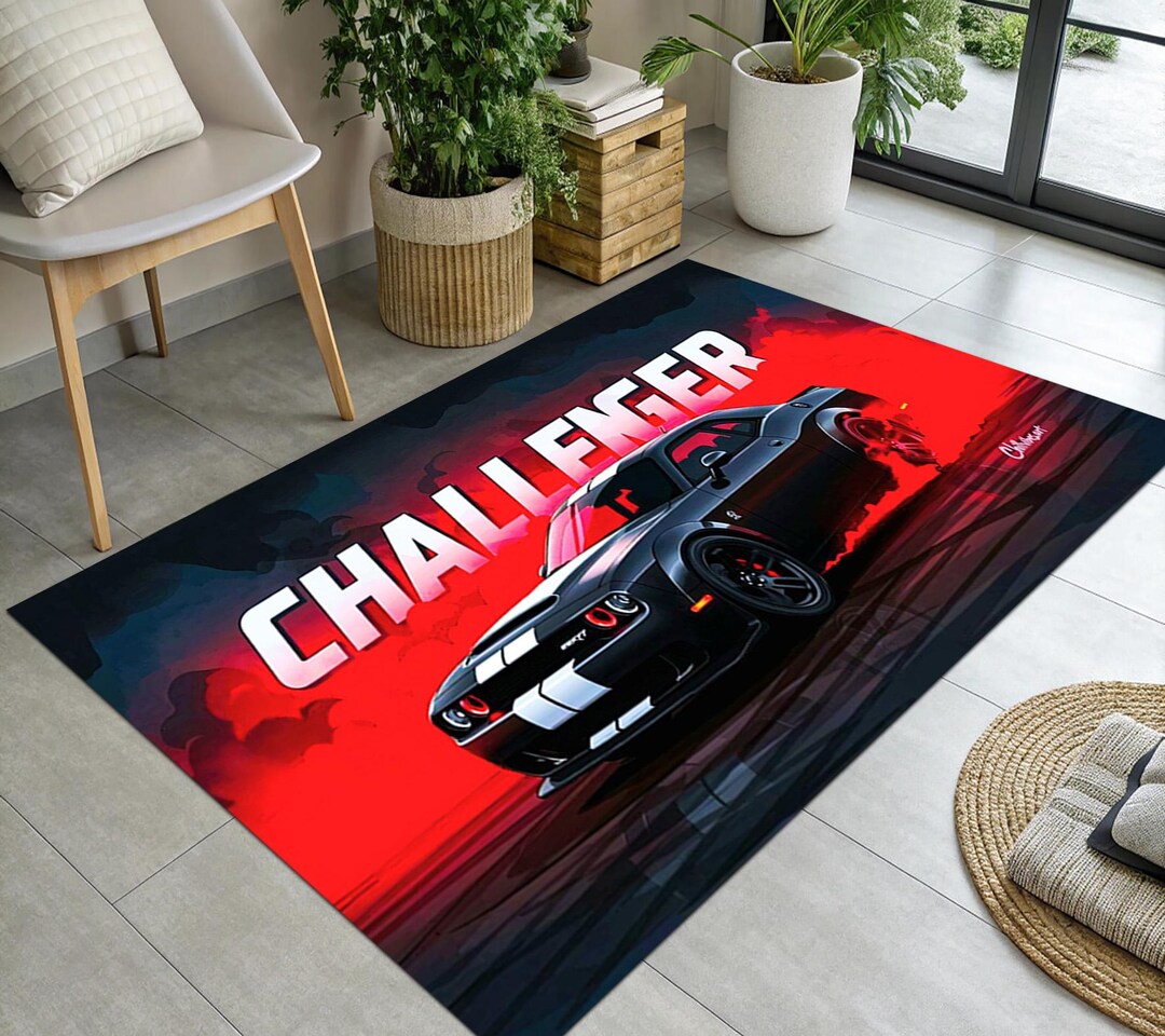Muscle Car Area Rug, Black Drift Racing Floor Mat, Red Flame Automotive ...