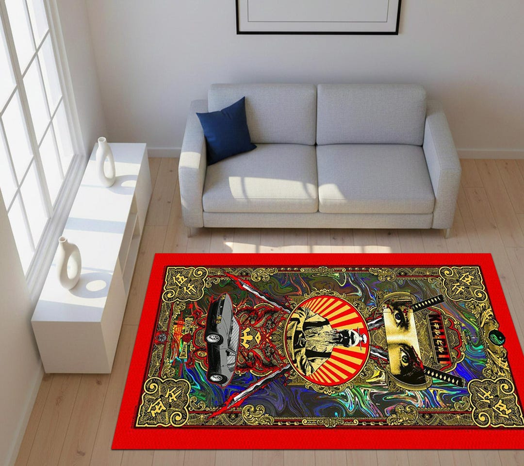 Scenecore Rugs Psychedelic Action Cinema Area Rug, Japanese Illustration, Bold Red ...