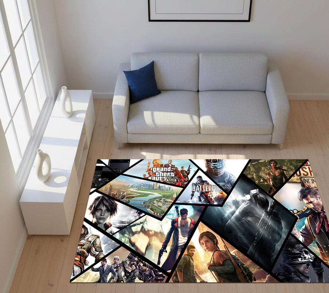Action Figure Rug Gamer Room Rug, Action Game Collage Mat, Video Game Heroes Carpet ...