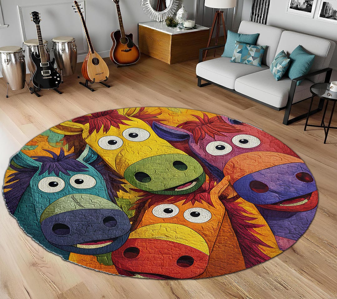 Colorful Funny Horses Round Area Rug, Happy Farm Animals Floor Mat ...