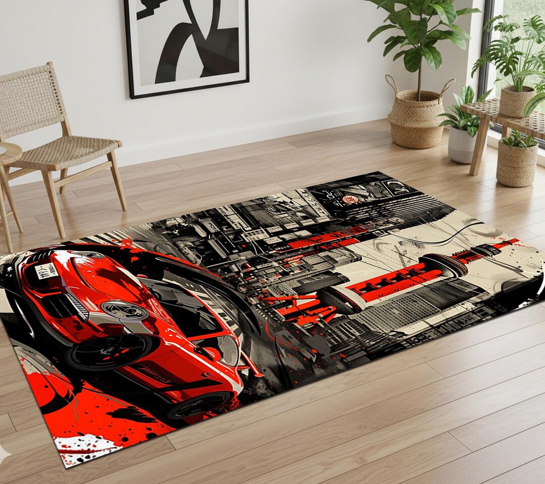 Iconic Cars Rug Red Supercar Urban Skyline Area Rug, Futuristic City View Floor Mat ...