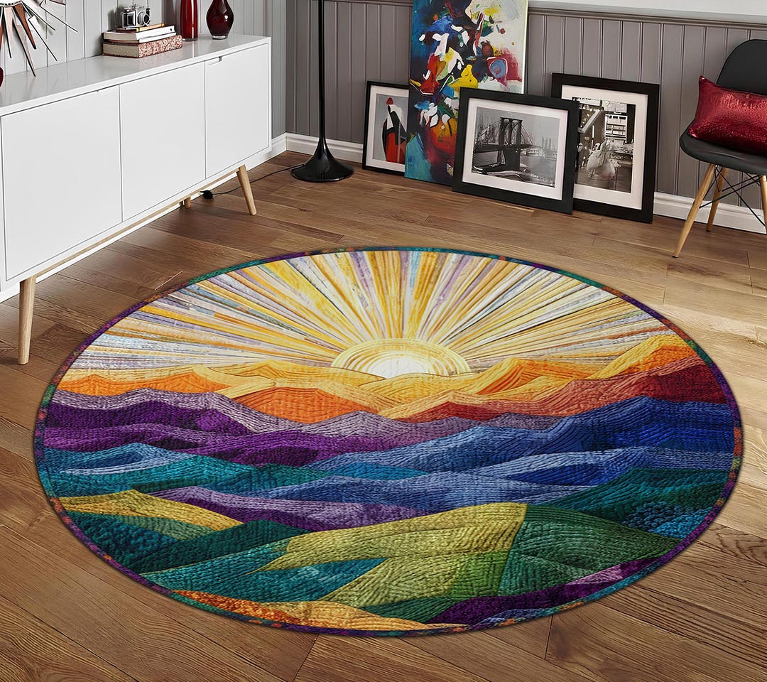 Abstract Sunset Mountain Round Area Rug, Colorful Landscape Floor Mat ...