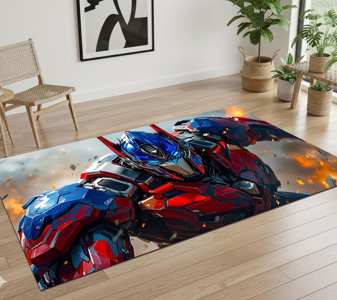 Prime Sentinel Leader Area Rug, Futuristic Mecha Warrior Floor Mat, Red ...