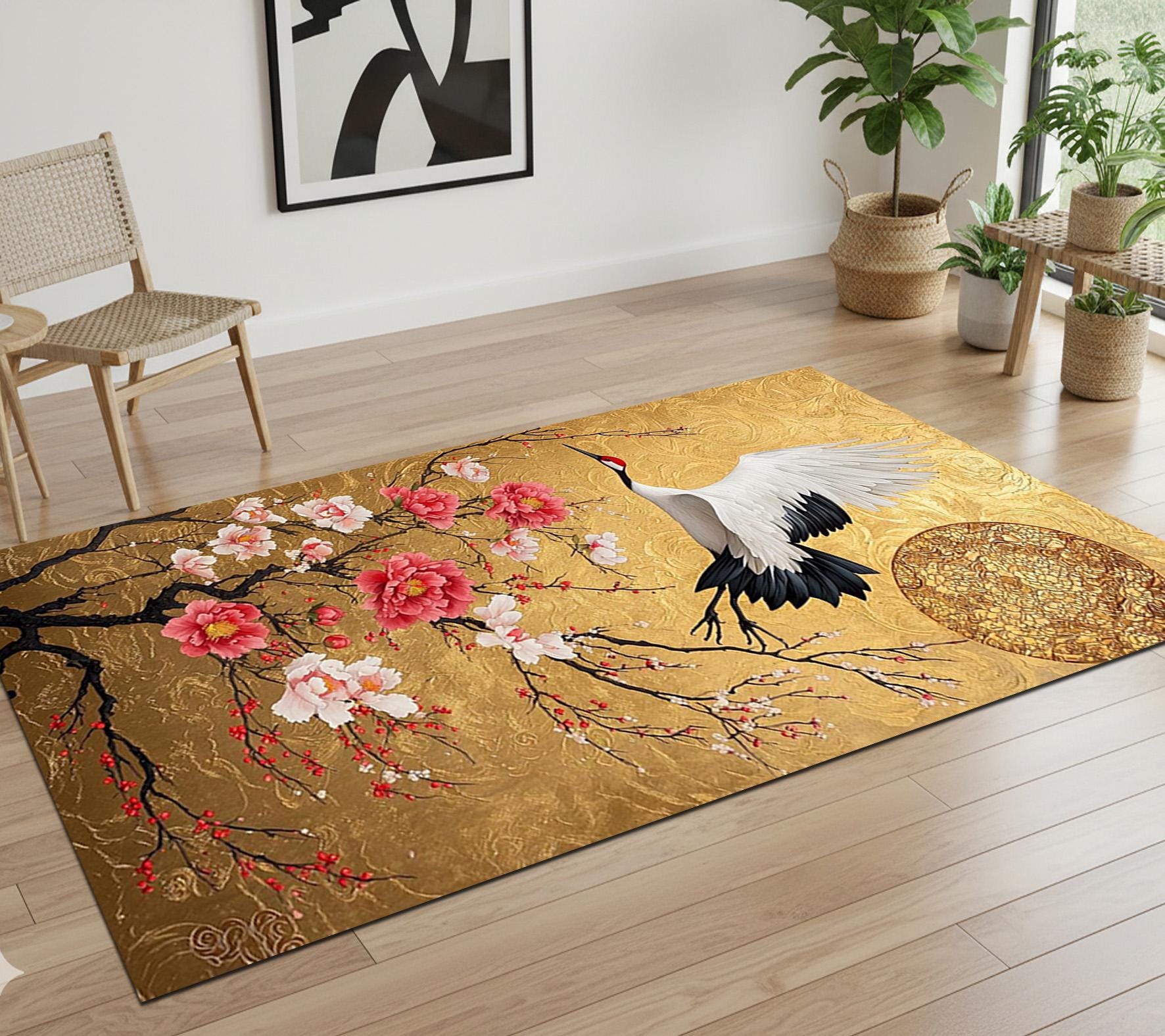 Golden Crane & Cherry Blossom Area Rug, Traditional Japanese Style ...