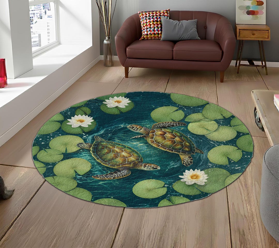 Aquatic Rug Sea Turtle and Water Lily Round Area Rug, Nature Theme Floor Mat ...