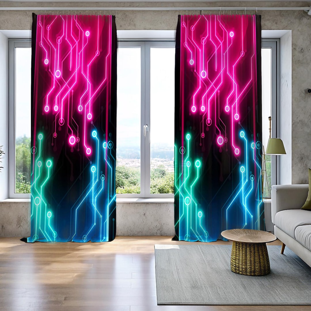 Neon Cyber Circuit Window Curtains, Futuristic Tech Design Drapes ...