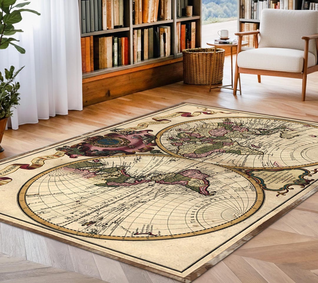Antique World Map Area Rug, Vintage Mappemonde Design Carpet, Global ...