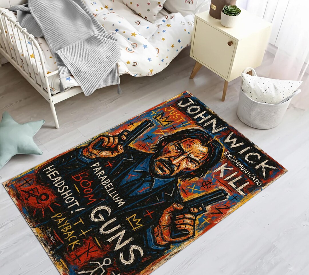Neo-noir Action Legend Area Rug, Street Style Cinema Floor Mat, Vibrant ...