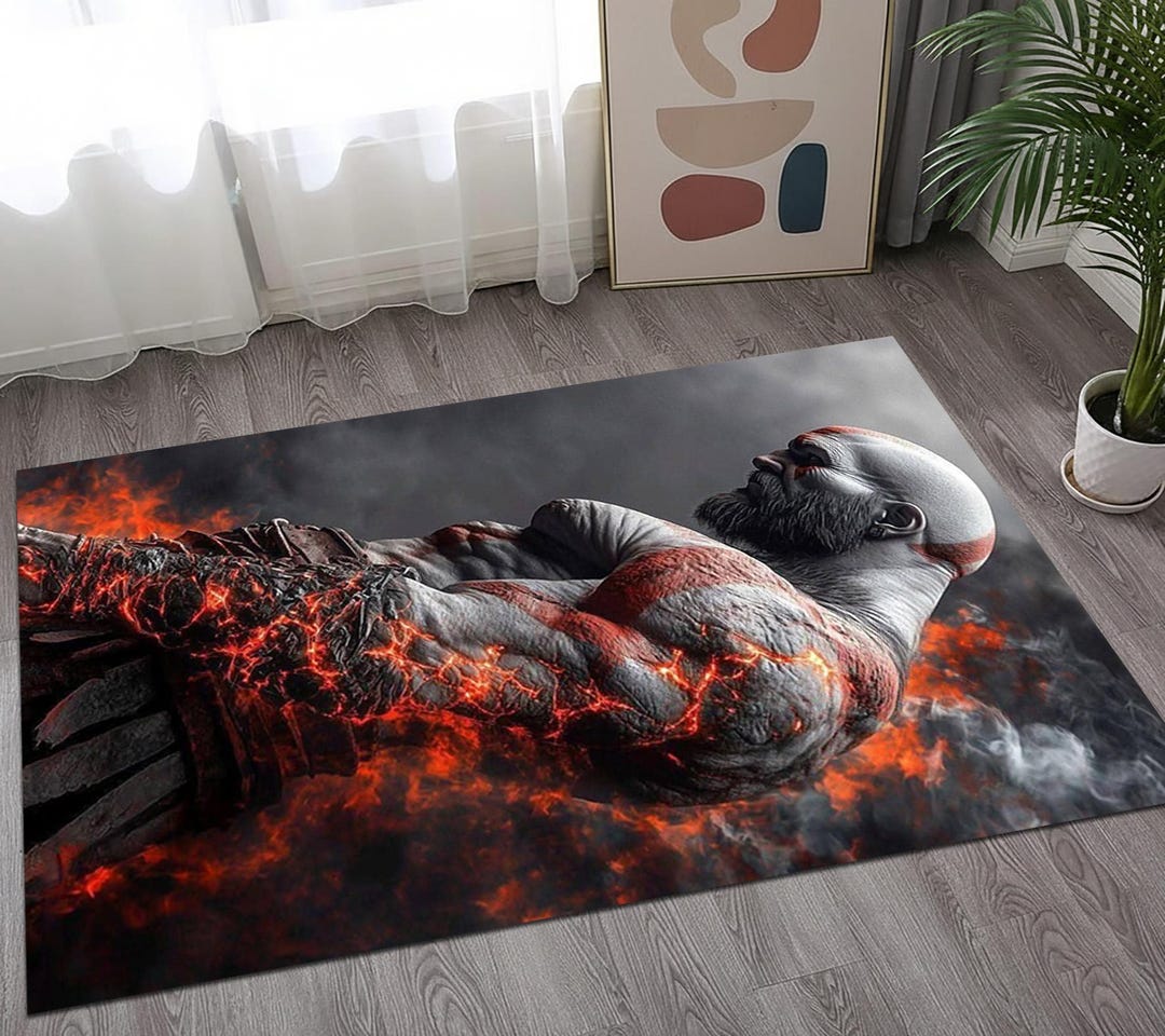 Raging God Warrior Area Rug, Fire and Ash Hero Floor Mat, Dark Fantasy ...