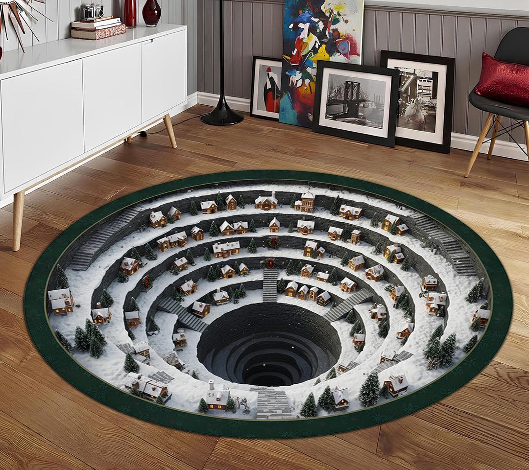 Area Rug Abyss Snowy Village Abyss Round Area Rug, 3D Winter Wonderland Floor Mat ...