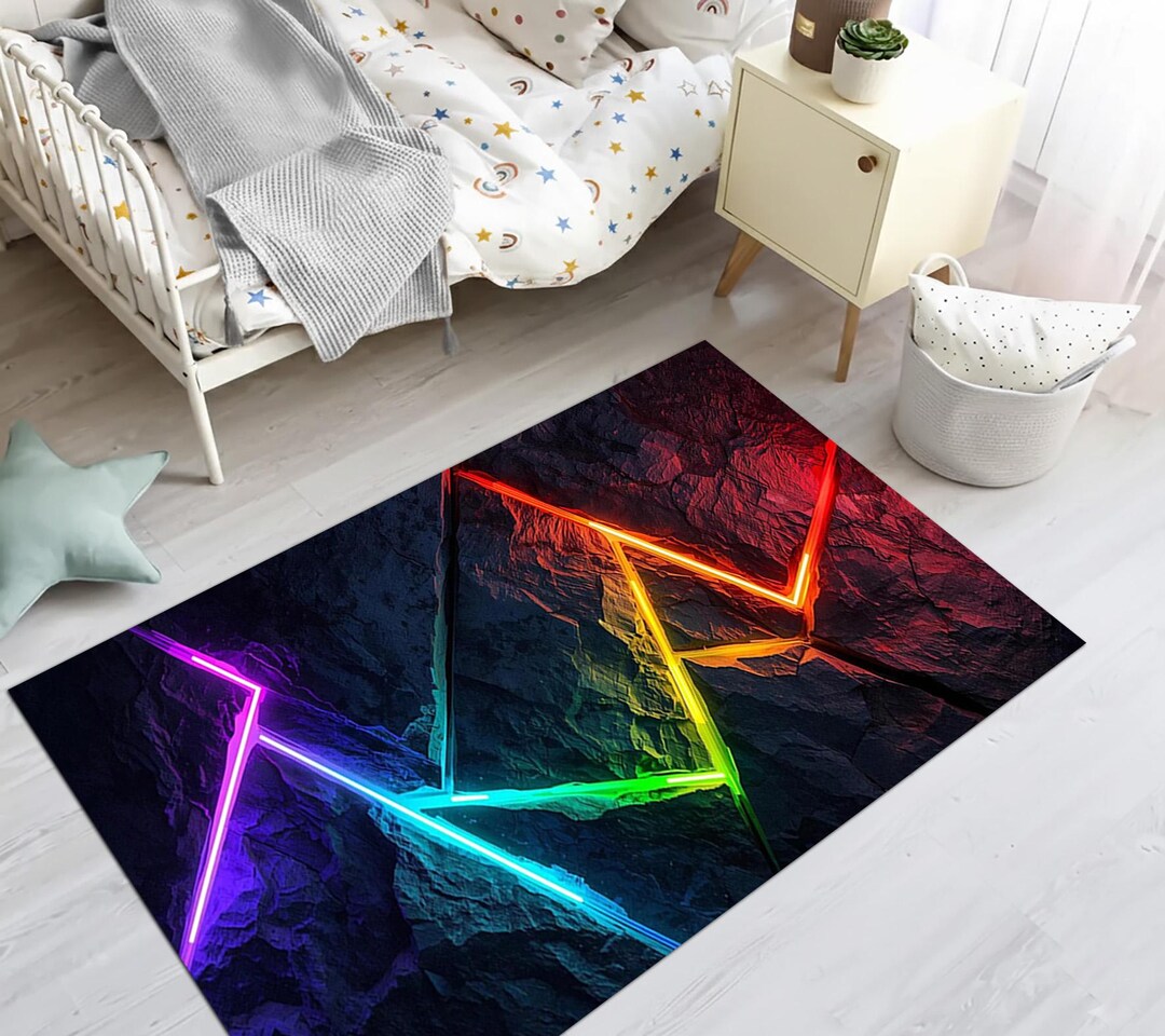 Technology Rug Neon Geometric Fracture Area Rug, Cyberpunk Gaming Room Decor Carpet ...