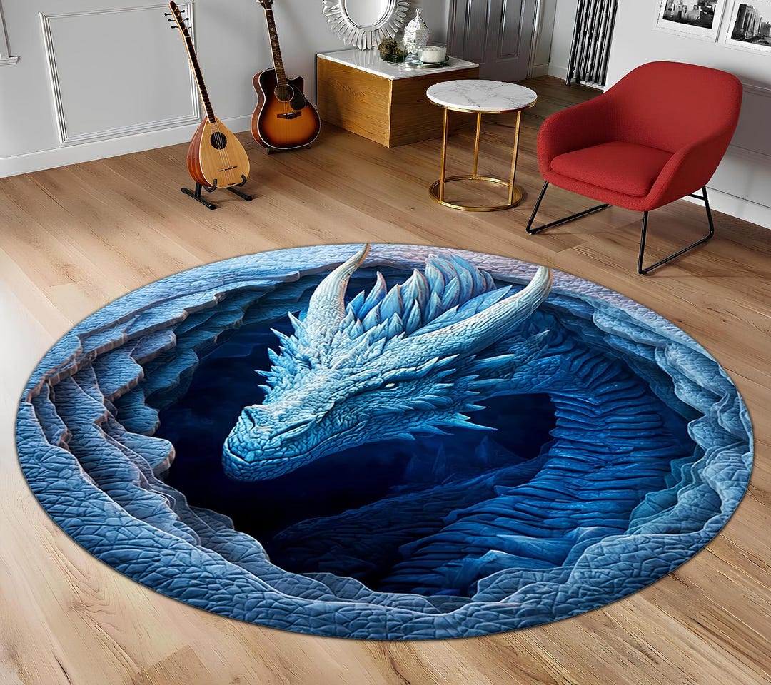 Area Rug Abyss Ice Blue Dragon Abyss Round Area Rug, 3D Illusion Mythical Creature ...