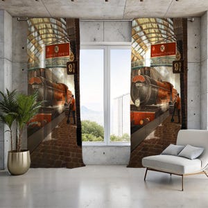 May include: Curtains featuring a detailed illustration of the Hogwarts Express train at Platform 9 3/4. The image shows the train, station signs, and figures in a realistic style, with a brick platform and a bright, open window.