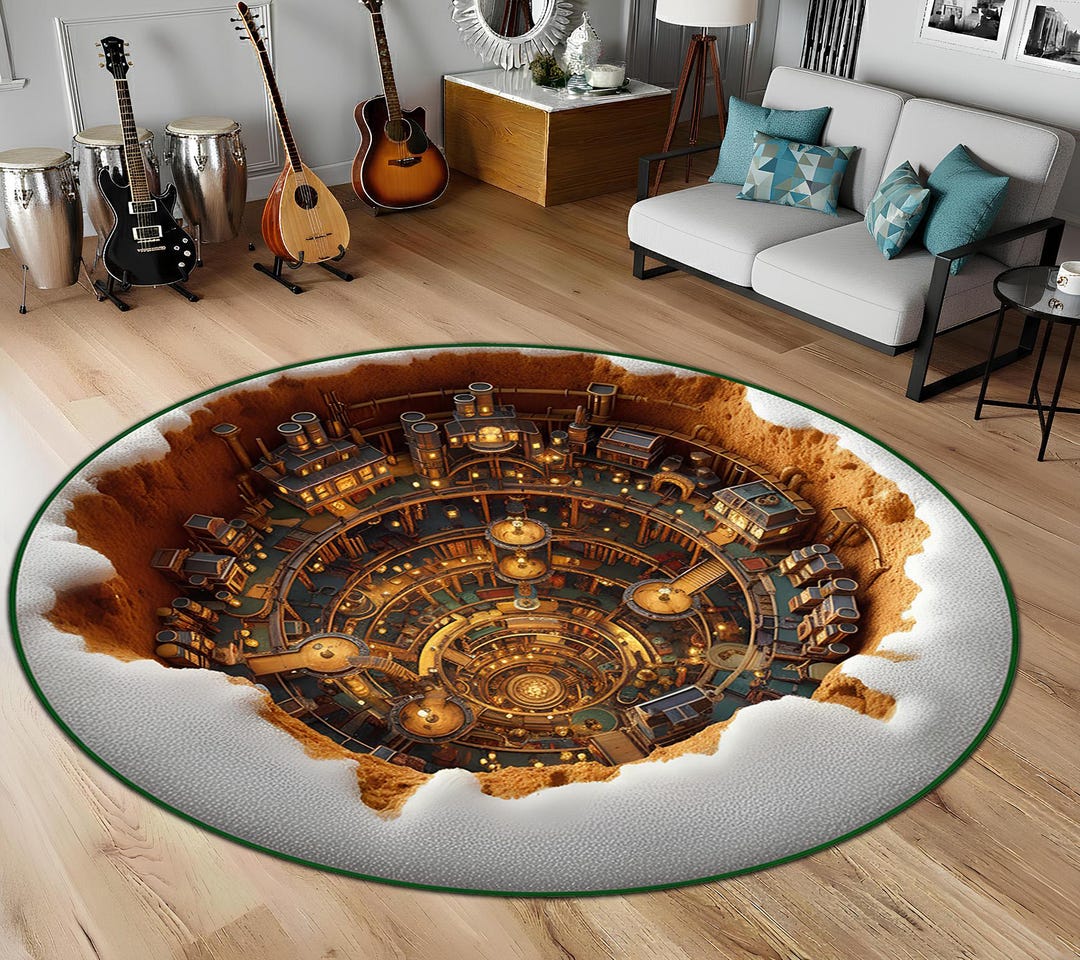 Daft Punk Rug Steampunk Underground Village Round Area Rug, 3D Optical Illusion Floor ...