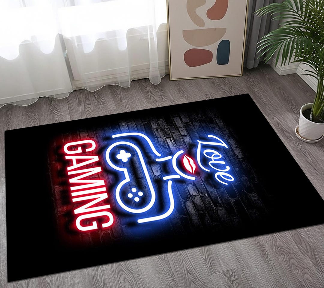 Gamer Rug Pattern Neon Love Gaming Area Rug, Gamer Room Decor, Controller Pattern Floor ...