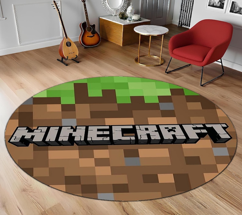Minecraft Rug Designs Abstract Design Pixel Grass Block Round Area Rug, Blocky World Logo Floor Mat, Video ...