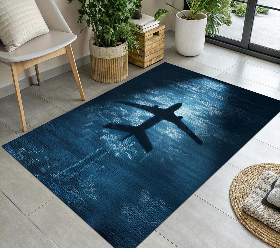 Flight Line Rug Midnight Flight Silhouette Area Rug, Airplane Runway Blue and Black ...