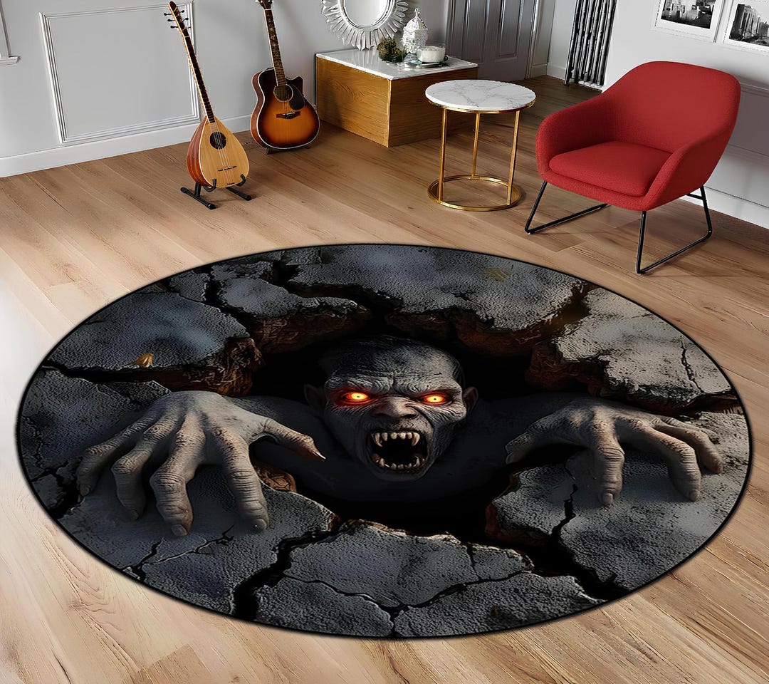 Spooky Rug Texture Undead Stalker Abyss Round Area Rug, 3D Zombie Hole Optical Illusion ...