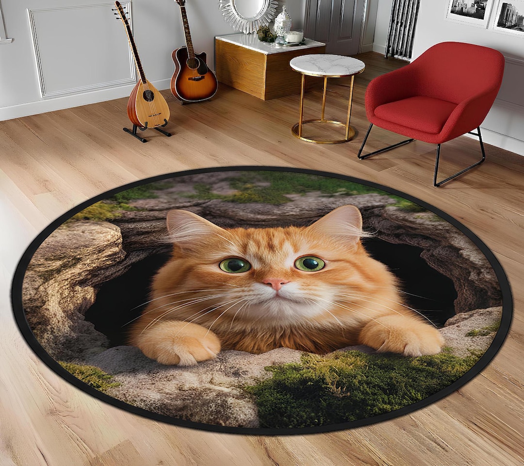 Tabbycat Rugs Cute Ginger Cat Round Rug, 3D Optical Illusion Floor Mat, Orange Tabby ...