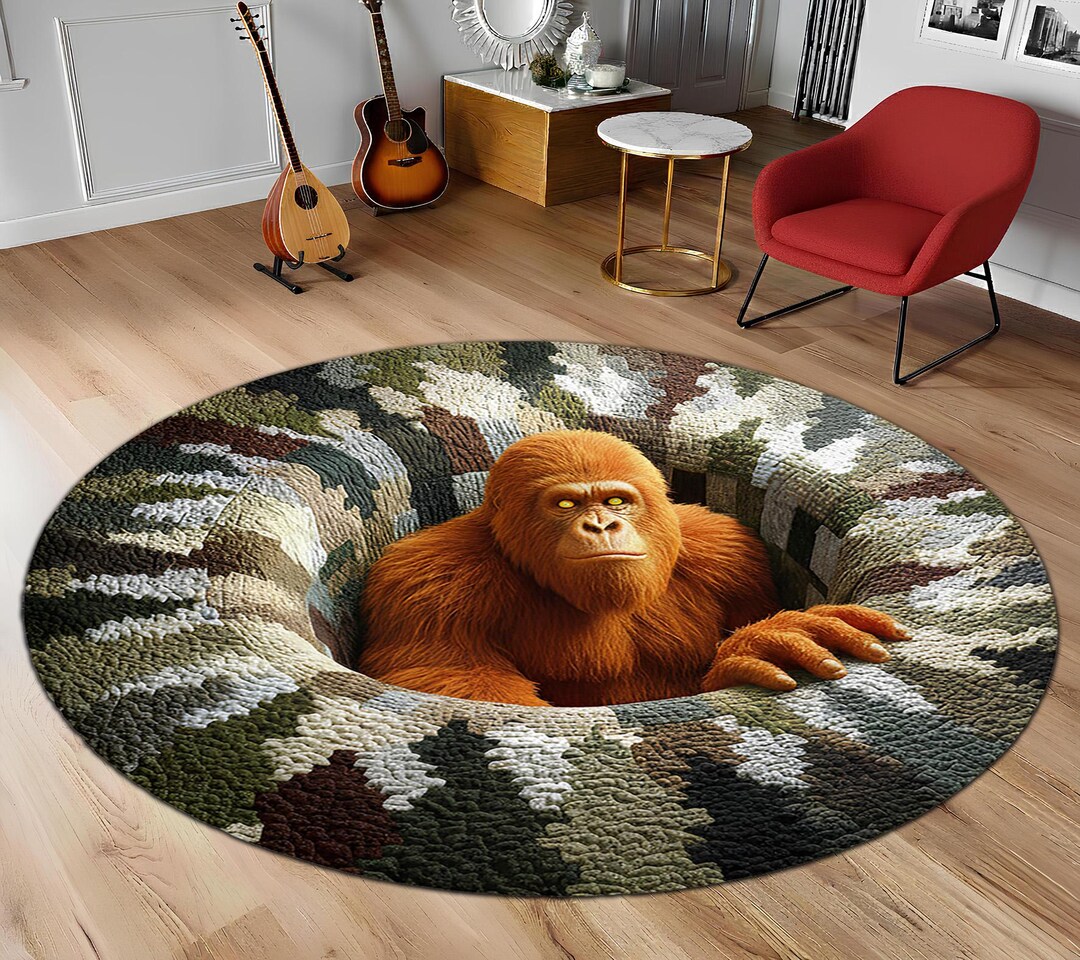 Animal Abyss Rug Realistic Orangutan Round Area Rug, 3D Optical Illusion Floor Mat ...