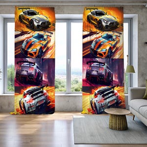 May include: Custom-printed window curtains featuring a collage of sports car illustrations. The artwork showcases various car models in vibrant colors, including silver, orange, and gray, set against dynamic backgrounds with fiery hues.
