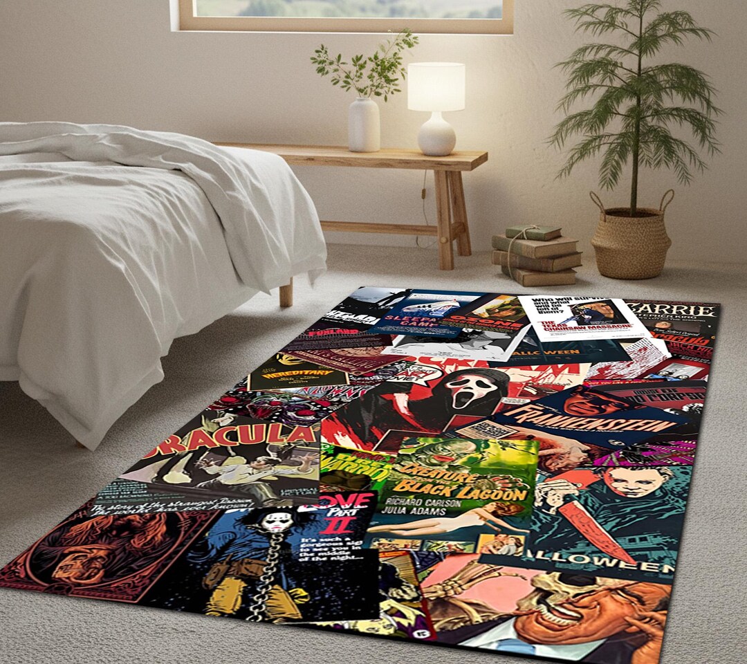 Horror Sticker Rug Classic Horror Movie Poster Collage Area Rug, Retro Cinema Room Area ...