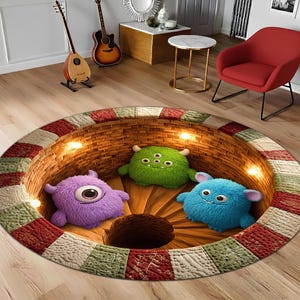 Puede incluir: Una alfombra redonda con un diseño 3D que representa una cesta tejida. Dentro de la cesta hay tres juguetes de monstruos de peluche en verde, morado y azul. El borde de la alfombra tiene un diseño de patchwork en rojo, verde y blanco.