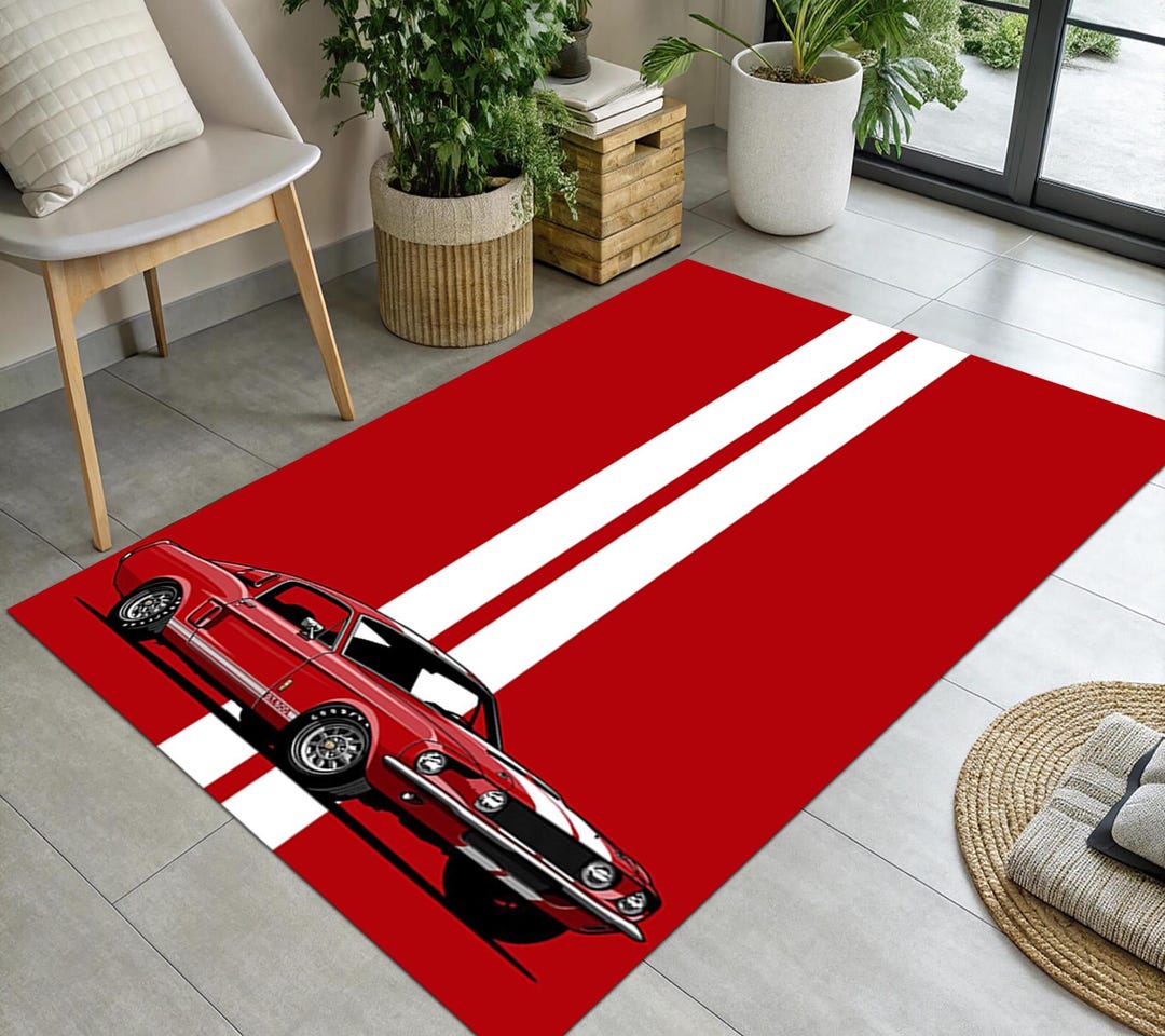 Classic Red Muscle Car Area Rug, White Racing Stripe Sports Carpet ...