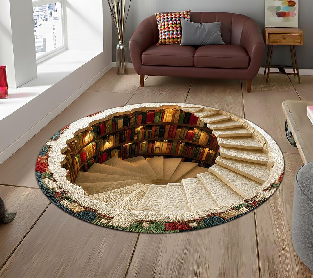 National Library Rug Library Spiral Stairs Round Area Rug, 3D Optical Illusion Floor Mat ...