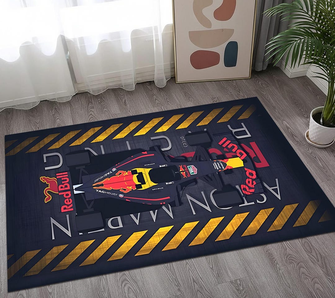F1 Racing Car Pitstop Rug, Yellow Hazard Stripe Sports Carpet, Gaming ...