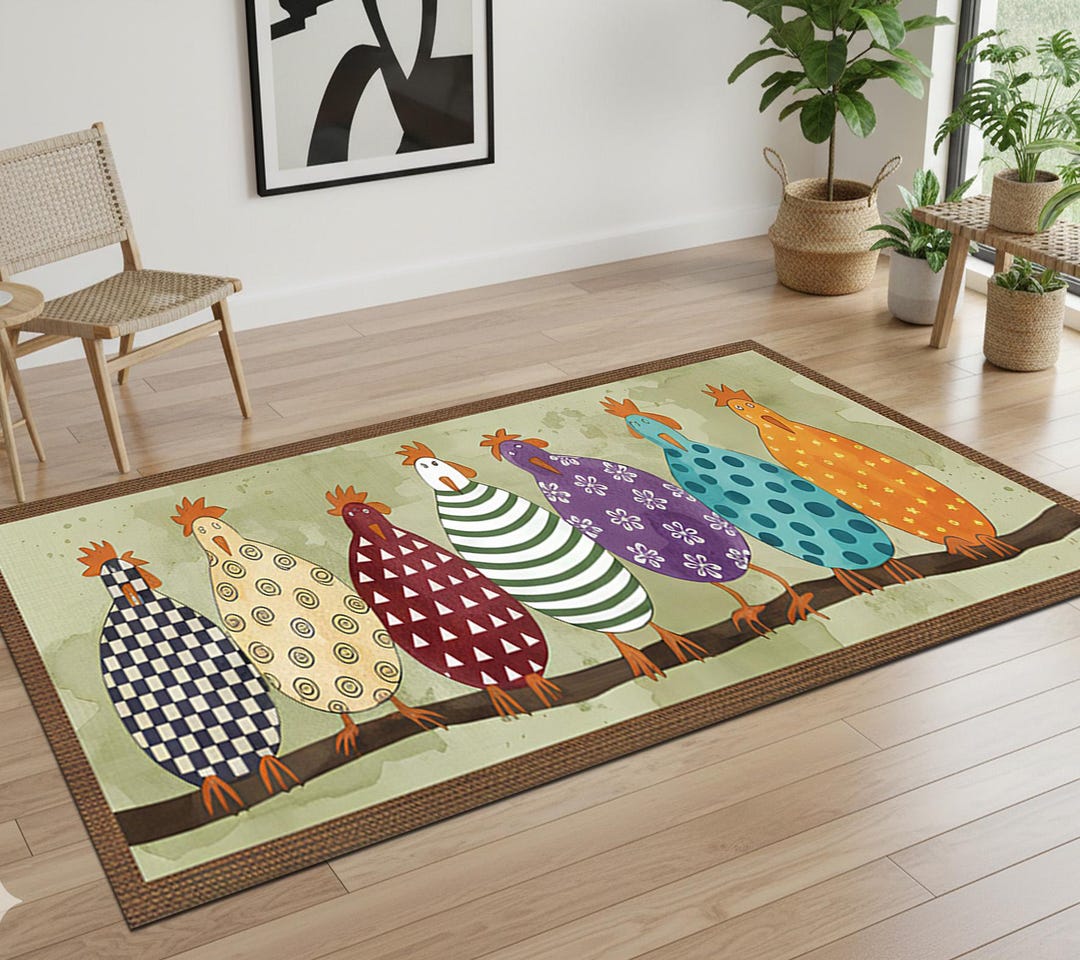 Behg Designs Chicken Rug Quirky Chicken Kitchen Area Rug, Colorful Hen Illustration Floor Mat ...