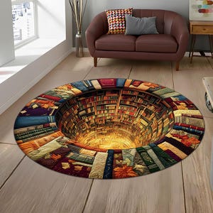May include: A round area rug with a 3D optical illusion design of a library. The rug features a central hole with bookshelves spiraling downwards, creating a visual depth effect. The rug's border is lined with books, and the color palette includes browns, blues, and yellows.