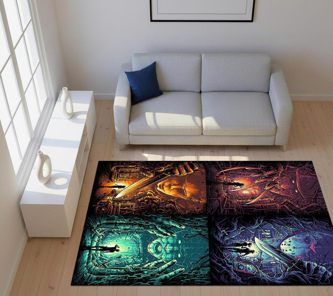 Horror Icons Quad Area Rug, Classic Slasher Movie Floor Mat, Four ...