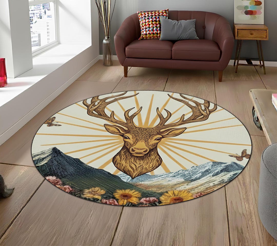 Majestic Stag Mountain Sun Round Area Rug, Wilderness Deer Head Floor ...