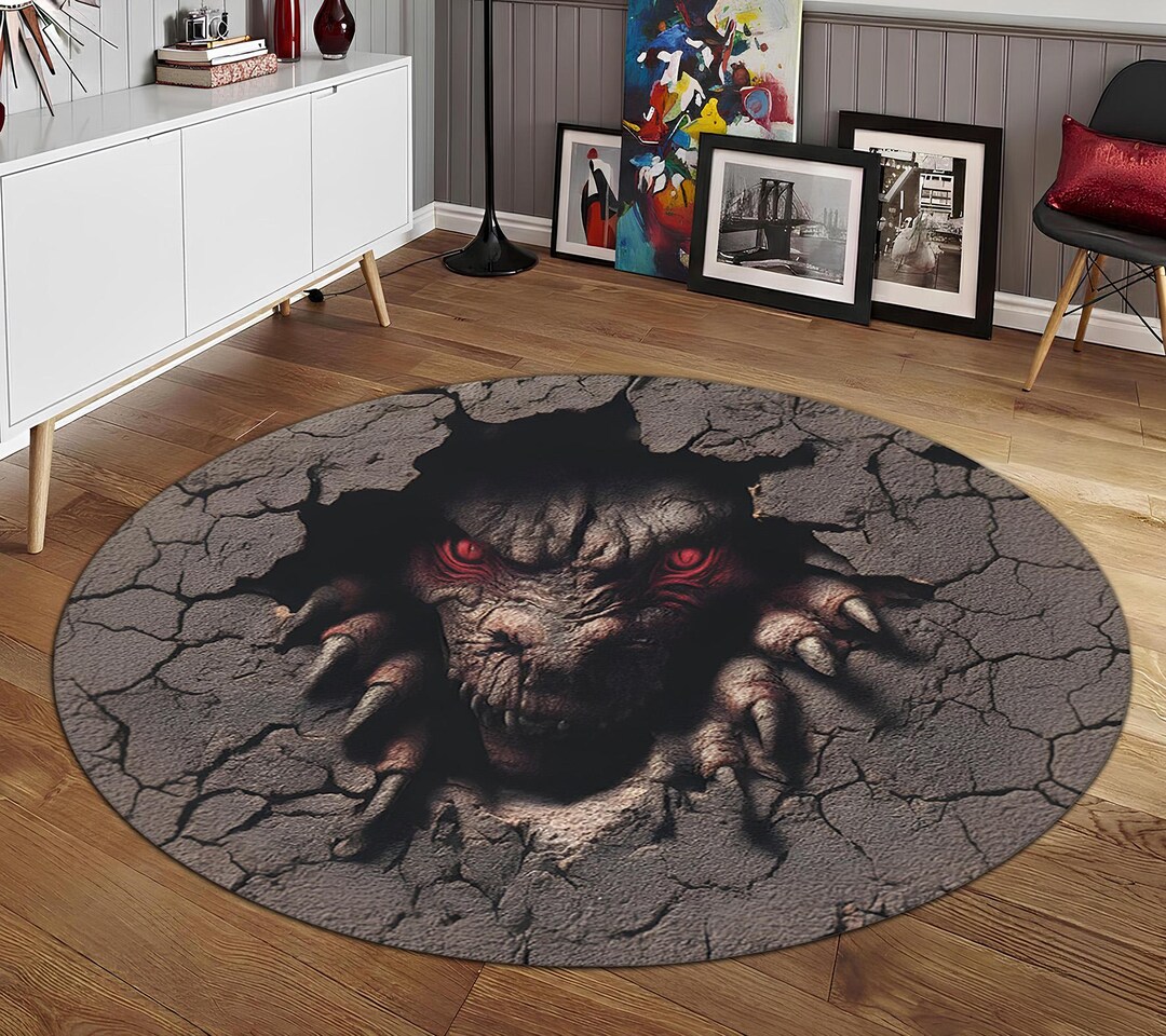 Spooky Rug Texture Shadow Monster Abyss Round Area Rug, 3D Scary Monster Hole Optical ...