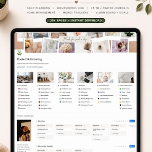 May include: A digital life planner template displayed on a tablet screen, titled All-In-One Life Planner for the Faith-Driven Mom. It features sections for daily planning, homeschool, faith journals, home management, money trackers, and vision boards.