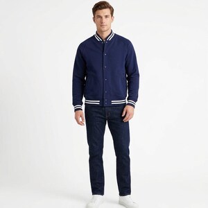 Men's Navy Blue Varsity Bomber Jacket, Classic White Ribbed Trim, Snap Button Front