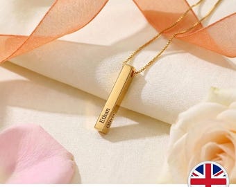 Personalised Vertical Bar Necklace 18k Gold Plated Stainless Steel Engraved UK