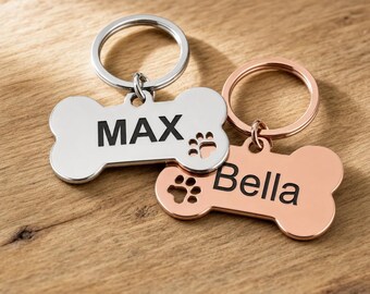 Personalised Bone Dog Tag Engraved Pet ID Steel 4 Fonts 4 Colours 50mm