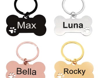 Personalised Bone Dog Tag Engraved Pet ID Stainless Steel 50mm 4 Colours