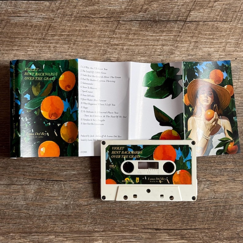 May include: A white cassette tape with the text "VIOLET BENT BACKWARDS OVER THE GRASS" and orange illustrations. The cassette case is open, revealing a booklet with song titles and artwork featuring oranges and a woman in a hat.