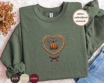 Embroidered Coquette Pumpkin Lace Doily Frame & Bow Crewneck Sweatshirt︳Minimalist Girly Halloween Top Fall Sweater Autumn Boo Basket Gift