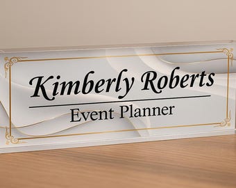 Plaque nominative personnalisée en acrylique blanc et or - Cadeau personnalisé pour bureau de direction