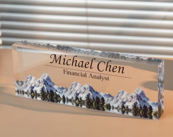 Plaque nominative de bureau personnalisée en acrylique avec base en bois : décoration de bureau personnalisée